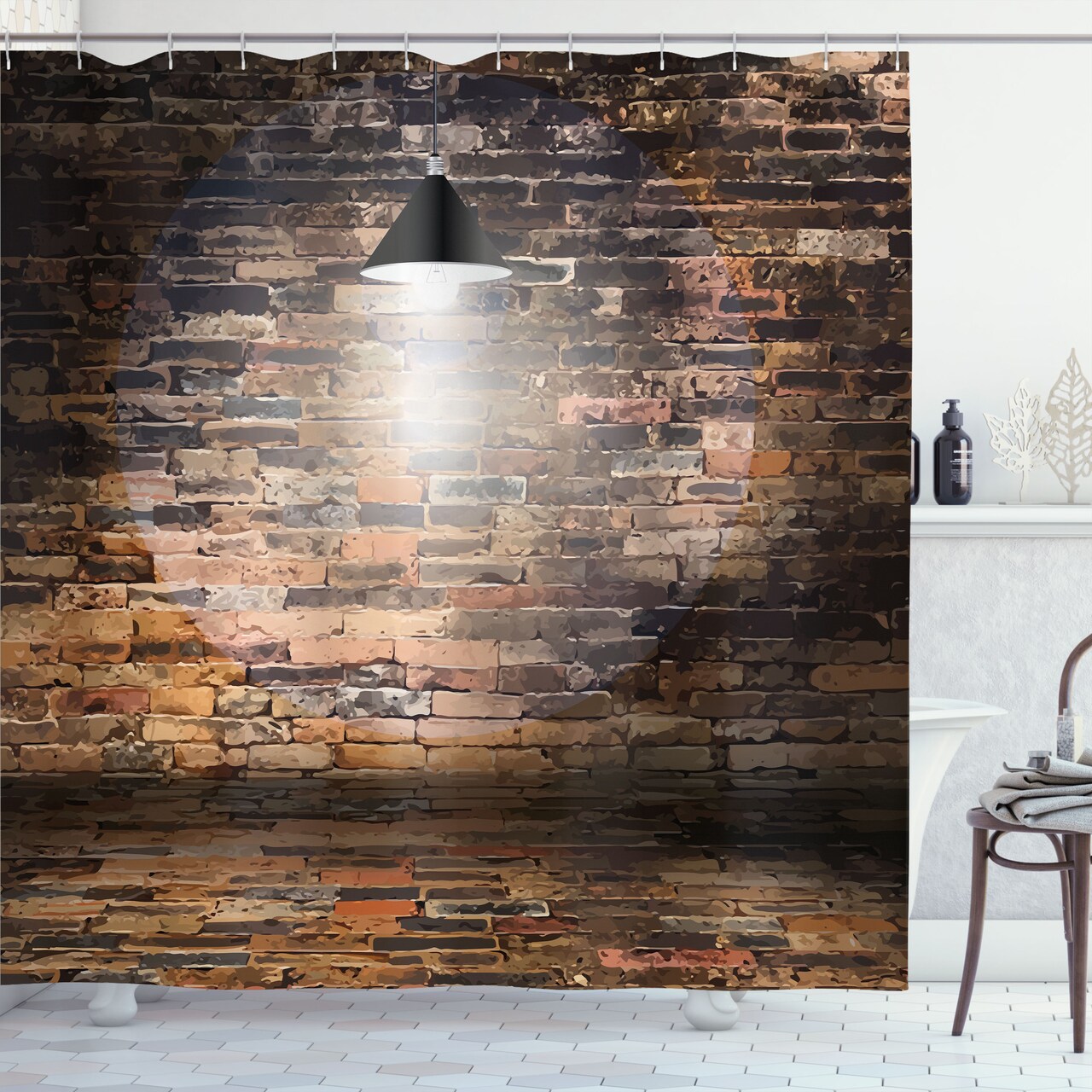 Ambesonne Brick Wall Shower Curtain, Dark Cracked Bricks and Ceiling Urban Lifestyle Building Modern City Theme Image, Cloth Fabric Bathroom Decor Set with Hooks, 69" W x 70" L, Black Red